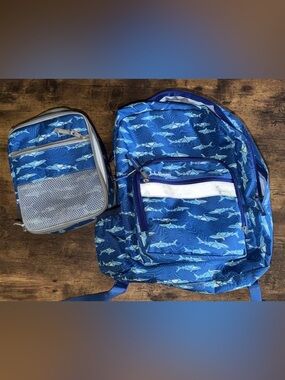 L.L. Bean Blue Shark Pattern Backpack and expandable Lunchbox Set